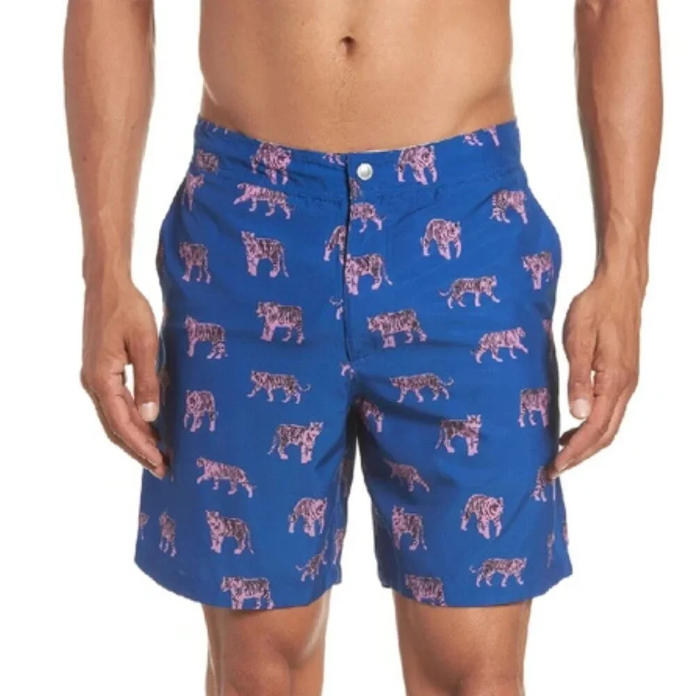 BONOBOS Banzai 7-inch Swim Trunks In Le Tigre Print Blue Pink - 35434